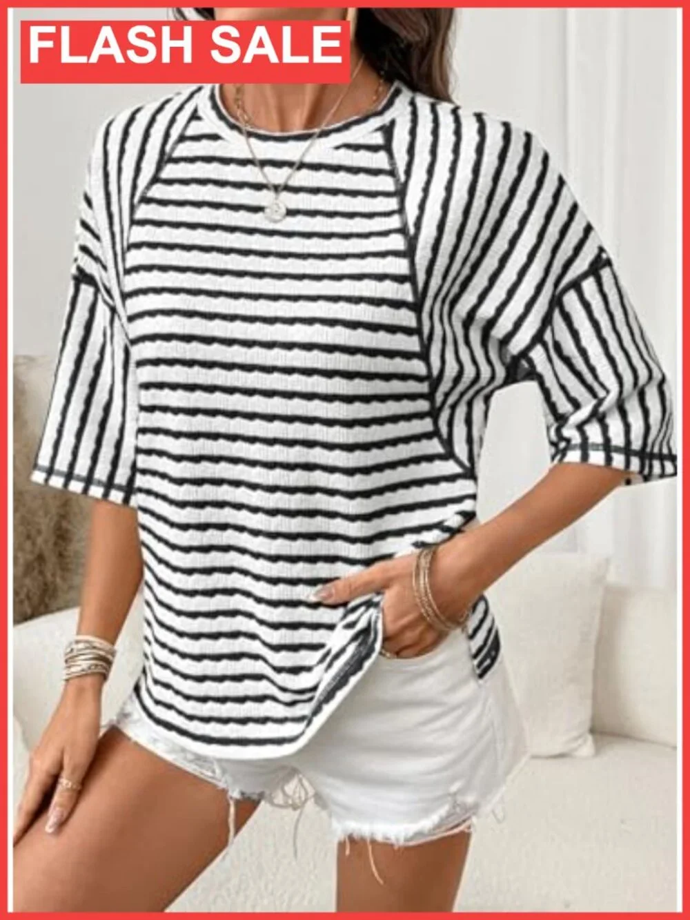 Oversized Striped Color Block Short Sleeve Crewneck Tee